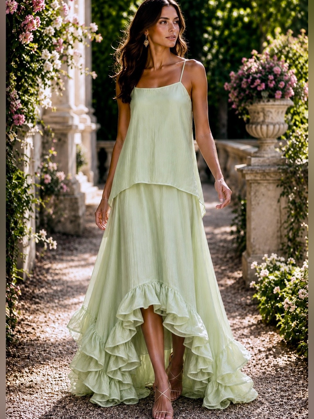 NWT Just Me Boutique Sage Mint  Green Crinkle Satin High-Low Ruffle Maxi Dress M